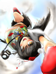 Rule 34 | 1girl, :d, arm up, black hair, black wings, blush, camera, day, female focus, flying, gift, giving, hat, highres, looking at viewer, motion blur, open mouth, outstretched arm, scarf, shameimaru aya, short hair, sky, smile, solo, tamasan, tokin hat, touhou, upside-down, wings, yellow eyes