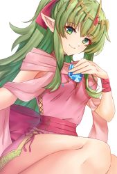 Rule 34 | 1girl, closed mouth, commentary request, dragonstone, dress, edamameoka, fire emblem, fire emblem: mystery of the emblem, fire emblem awakening, fire emblem heroes, gem, green eyes, green hair, hair between eyes, hair ribbon, highres, long hair, looking at viewer, nintendo, official alternate costume, pink dress, pink ribbon, pointy ears, ponytail, ribbon, sash, simple background, sitting, sleeveless, sleeveless dress, smile, solo, thighs, tiara, tiki (adult) (fire emblem), tiki (fire emblem), very long hair, white background