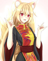 Rule 34 | 1girl, :d, animal ear fluff, animal ears, arms up, bad id, bad pixiv id, black dress, blonde hair, blush, commentary request, dress, fang, fox ears, fox shadow puppet, fox tail, gradient background, hair between eyes, highres, junko (touhou), kemonomimi mode, long hair, long sleeves, looking at viewer, multiple tails, musteflott419, obi, open mouth, pink background, red eyes, sash, smile, solo, tabard, tail, touhou, upper body, very long hair