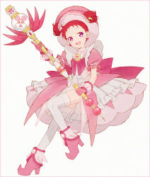 Rule 34 | 1girl, :d, adapted costume, brooch, commentary request, dodo (ojamajo doremi), double bun, dress, earrings, fairy, fortissimo, frilled dress, frilled gloves, frilled sleeves, frills, full body, gloves, hair bun, hair ornament, hakusai (tiahszld), hand up, harukaze doremi, holding, holding staff, jewelry, looking at viewer, magical girl, musical note, musical note hair ornament, ojamajo doremi, open mouth, pink dress, pink eyes, pink footwear, pink gloves, pink headwear, pointy footwear, puffy short sleeves, puffy sleeves, red hair, short hair, short sleeves, simple background, smile, solo, staff, standing, standing on one leg, thighhighs, white thighhighs