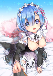 Rule 34 | 10s, 1girl, :d, apron, bed sheet, black ribbon, blue eyes, blue hair, blurry, blush, breasts, breasts out, cleavage, depth of field, detached sleeves, diamond (shape), dress, eyelashes, frilled pillow, frilled thighhighs, frills, hair ornament, hair over one eye, hair ribbon, hairband, hairclip, heart, heart-shaped pillow, highres, jacket, lens flare, looking at viewer, maid, medium breasts, natsuki subaru, neck ribbon, nipples, no shoes, on bed, open mouth, out of frame, pillow, pink ribbon, pov, re:zero kara hajimeru isekai seikatsu, rem (re:zero), ribbon, ribbon-trimmed legwear, ribbon trim, shadow, shibi, shiny skin, short hair, sitting, smile, solo focus, sparkle, thighhighs, track jacket, wariza, white apron, white thighhighs, wide sleeves, x hair ornament