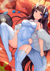Rule 34 | 1girl, :&lt;, azur lane, bare shoulders, black hair, blue dress, blue flower, blue thighhighs, blunt bangs, china dress, chinese clothes, covered navel, cup, double bun, dress, eyebrows, flower, hair bun, hair flower, hair ornament, hair stick, highres, horns, leg up, long hair, looking at viewer, lying, no shoes, noshiro (azur lane), noshiro (fragrance of the eastern snow) (azur lane), ochinsama, on back, oni horns, open mouth, petals, purple eyes, shawl, sidelocks, sleeveless, sleeveless dress, snowflake print, solo, steam, thighhighs, thighs, tray, very long hair