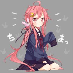 Rule 34 | 10s, 1girl, aged down, ahoge, bad id, bad twitter id, blush, check commentary, commentary request, crescent, crescent hair ornament, expressionless, hair ornament, hair ribbon, highres, kantai collection, long hair, otokuzu, pink hair, pleated skirt, rabbit hair ornament, red eyes, ribbon, school uniform, serafuku, skirt, sleeves past wrists, solo, twitter username, uzuki (kancolle), very long hair
