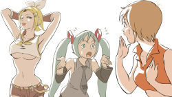 Rule 34 | 3girls, aged up, armpits, arms up, belt, breasts, detached sleeves, hair ornament, hairclip, hatsune miku, kagamine rin, large breasts, lips, long hair, meiko (vocaloid), midriff, multiple girls, navel, necktie, nippori honsha, no bra, open mouth, short hair, shorts, simple background, smug, surprised, sweatdrop, twintails, underboob, vocaloid, white background