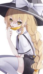 Rule 34 | 1girl, absurdres, adapted costume, alternate hairstyle, between legs, black hat, black shorts, blonde hair, blouse, bow, braid, braided ponytail, bright pupils, buttons, from side, hair between eyes, hand between legs, hand up, hat, hat bow, highres, kirisame marisa, long hair, looking at viewer, looking to the side, low-tied long hair, mask, mask pull, mouth mask, open mouth, orange scrunchie, scrunchie, shirt, shorts, side braid, sidelocks, simple background, solo, suspender shorts, suspenders, thighhighs, touhou, tsune (tune), turtleneck, very long hair, white background, white bow, white shirt, white thighhighs, wide sleeves, witch hat, yellow eyes, yellow scrunchie, zettai ryouiki