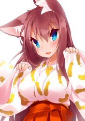 Rule 34 | 1girl, :3, animal ears, blue eyes, blush, breasts, brown hair, fang, imaizumi kagerou, japanese clothes, kimono, koha, large breasts, looking at viewer, open mouth, simple background, solo, touhou, white background, wide sleeves, wolf ears