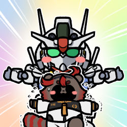 Rule 34 | 1girl, animal ears, blush stickers, gundam, gundam aerial, gundam suisei no majo, jazz jack, lowres, mecha, outstretched arms, raccoon ears, raccoon tail, rainbow background, red hair, robot, scene reference, sd gundam, simple background, spread arms, striped tail, suletta mercury, tail