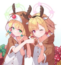 Rule 34 | 2girls, animal costume, antlers, blonde hair, blue archive, blush, bow, box, closed mouth, collarbone, gift, gift box, green bow, green eyes, green halo, hair bow, halo, heart, heart hands, heart hands duo, highres, horns, looking at viewer, midori (blue archive), momoi (blue archive), multiple girls, naretsuro, one eye closed, pink halo, red bow, red eyes, reindeer antlers, reindeer costume, short hair, short sleeves, siblings, sisters, twins, upper body