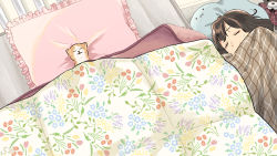 Rule 34 | 1girl, animal, brown hair, cat, floral print, from above, highres, indoors, kojiro337, lying, medium hair, on bed, on side, original, pillow, sleeping, solo, stuffed animal, stuffed toy, sweatdrop, teddy bear, under covers