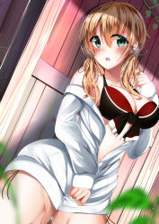 Rule 34 | absurdres, alternate costume, anchor hair ornament, bikini, bikini under clothes, blonde hair, blush, breasts, hair ornament, hairclip, highres, hiragi ringo, jacket, kantai collection, large breasts, long hair, long sleeves, looking at viewer, open mouth, outdoors, plant, prinz eugen (kancolle), swimsuit, twintails, white jacket