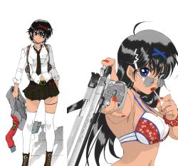 Rule 34 | 2girls, ahoge, bare shoulders, bikini, bikini top only, black hair, blue eyes, boots, breasts, candy, choker, cocked hammer, colorized, colt&#039;s manufacturing company, colt delta elite, contrapposto, cross-laced footwear, fingernails, food, gun, hair ornament, hairpin, handgun, highres, holster, inoue sora, jacket, jewelry, large breasts, lollipop, long hair, midriff, miniskirt, multicolored clothes, multicolored skirt, multiple girls, nail polish, navel, nazume mikuru, necktie, non-web source, pistol, pleated skirt, ring, school uniform, short hair, shoulder holster, skindentation, skirt, standing, strap gap, sunglasses, swimsuit, thigh strap, thighhighs, weapon, white legwear, wristband, zero in, zettai ryouiki