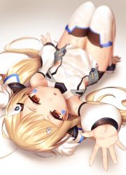 Rule 34 | 1girl, :o, arm at side, arm up, azur lane, bare shoulders, blonde hair, blurry, blush, breasts, depth of field, detached sleeves, dress, eldridge (azur lane), facial mark, full body, gradient background, grey background, hair ornament, hairclip, half-closed eyes, haruno suzune, knees up, long hair, long sleeves, looking at viewer, lying, on back, outstretched arm, parted lips, reaching, reaching towards viewer, red eyes, short dress, small breasts, solo, sweat, tareme, thigh gap, thighhighs, twintails, white thighhighs, zettai ryouiki