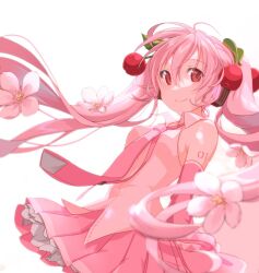 Rule 34 | 1girl, aira (exp), arms behind back, bare shoulders, belt, cherry blossoms, cherry hair ornament, closed mouth, collared shirt, cowboy shot, detached sleeves, dot nose, floating hair, food-themed hair ornament, from side, hair between eyes, hair ornament, hatsune miku, headset, highres, long hair, long sleeves, looking at viewer, loose belt, miniskirt, necktie, number tattoo, pink hair, pink necktie, pink skirt, pink sleeves, pleated skirt, red eyes, sakura miku, shirt, sidelocks, simple background, skirt, smile, solo, tattoo, twintails, very long hair, vocaloid, white background, white shirt