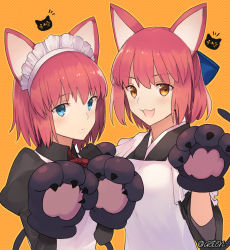 Rule 34 | 2girls, :3, animal ears, animal hands, aoten (aoiroarekore), apron, black dress, black kimono, blue bow, blue eyes, blush, bow, brown eyes, cat ears, cat paws, cat tail, closed mouth, commentary request, dress, fake animal ears, fake tail, fang, gloves, hair between eyes, hair bow, half updo, halloween, halloween costume, hisui (tsukihime), japanese clothes, juliet sleeves, kimono, kohaku (tsukihime), long sleeves, looking at viewer, maid, maid apron, maid headdress, mixed maids, multiple girls, neck ribbon, open mouth, paw gloves, puffy sleeves, red hair, red ribbon, ribbon, short hair, siblings, sisters, skin fang, smile, tail, tongue, tsukihime, twins, twitter username, upper body, wa maid, white apron, yellow background