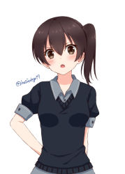 Rule 34 | 1girl, :o, alternate costume, arm at side, bad id, bad pixiv id, black sweater, blush, breasts, brown eyes, brown hair, collared shirt, hand on own hip, head tilt, hoshino kagari, kaga (kancolle), kantai collection, looking at viewer, open mouth, puffy short sleeves, puffy sleeves, school uniform, shirt, short hair, short sleeves, sidelocks, simple background, small breasts, solo, sweater, twitter username, v-neck, v-shaped eyebrows, white background, wing collar
