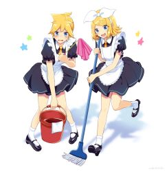 Rule 34 | 1boy, 1girl, apron, black dress, black footwear, blonde hair, blue eyes, blush, bow, broom, brother and sister, bucket, commentary, crossdressing, dress, duster, embarrassed, frilled apron, frills, full body, hair bow, hair ornament, hairclip, holding, holding bucket, kagamine len, kagamine rin, knees together feet apart, leaning forward, looking at viewer, maid, maid apron, maid day, necktie, nokuhashi, open mouth, shadow, short hair, short ponytail, siblings, smile, socks, spiked hair, standing, star (symbol), sweeping, swept bangs, towel, twins, v-shaped eyebrows, vocaloid, white apron, white background, white bow, white legwear, yellow neckwear