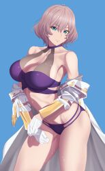 1girl bikini blue_background blue_eyes breasts cleavage closed_mouth collarbone contrapposto epaulettes gloves grey_hair gridman_universe hair_between_eyes highres jacket large_breasts looking_at_viewer military_jacket mujina off_shoulder purple_bikini short_hair solo ssss.dynazenon swimsuit thighs undressing wakusei-planet wet white_gloves white_jacket