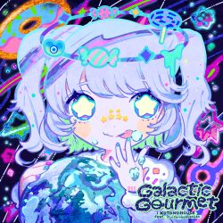 Rule 34 | 1girl, absurdres, album cover, blue eyes, blue hair, blue nails, candy, closed mouth, commentary request, cover, food, food on face, halo, hand up, heart, highres, kiato, lollipop, long sleeves, looking at viewer, multicolored nails, nail polish, original, pink nails, purple halo, purple nails, second-party source, short hair, smile, solo, song name, sparkle, star-shaped pupils, star (symbol), sticker on face, straight-on, swirl lollipop, symbol-shaped pupils, tongue, tongue out, twintails, upper body