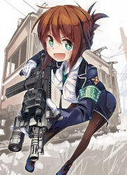 Rule 34 | + +, 10s, 1girl, alternate hair color, assault rifle, between breasts, breasts, brown hair, brown pantyhose, female focus, folded ponytail, gloves, green eyes, gun, highres, jacket, large breasts, long sleeves, looking at viewer, miniskirt, nanaroku (fortress76), necktie, necktie between breasts, open clothes, open jacket, open mouth, pantyhose, power lines, rail wars!, rifle, sakurai aoi, shirt, skirt, smile, solo, streetcar, trigger discipline, uniform, weapon, white gloves