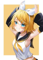 Rule 34 | 1girl, absurdres, adjusting bow, arched back, arms up, black sailor collar, black shorts, black sleeves, blonde hair, blue eyes, bow, breasts, crop top, detached sleeves, grin, hair bow, hair ornament, hairclip, highres, kagamine rin, leg warmers, looking at viewer, midriff, neckerchief, ryaru ryaru, sailor collar, sailor shirt, shirt, short hair, shorts, sideboob, sideways glance, sleeveless, sleeveless shirt, small breasts, smile, solo, vocaloid, white bow, yellow neckerchief