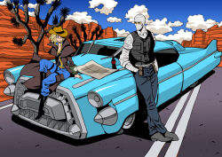 Rule 34 | 1boy, 1girl, bandaged hand, bandaged head, bandages, belt, belt pouch, black vest, blonde hair, blue sky, breasts, car, cloud, coat, collared shirt, courier (fallout new vegas), cowboy hat, desert, fallout (series), fallout: new vegas, hands in pockets, hat, joshua graham, leaning on object, map, motor vehicle, nuka cola, open clothes, open coat, pip boy, police, police uniform, pouch, scar, scar on face, shirt, sitting, sky, small breasts, uniform, vault suit, vest, yukiyanagi