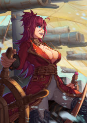 Rule 34 | 1girl, ahoge, blue eyes, boots, breasts, cannon, cleavage, fate/extra, fate/grand order, fate (series), francis drake (fate), from side, half updo, highres, jacket, large breasts, long hair, muou (muou233), open mouth, pants, pink hair, red jacket, scar, scar on face, ship, ship&#039;s wheel, solo, watercraft, white pants