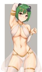 Rule 34 | 1girl, arcie albano, arm behind head, armlet, bracelet, breasts, circlet, commentary request, dancer, detached sleeves, flower, green hair, hair flower, hair ornament, harem outfit, highres, jewelry, looking at viewer, matsudaira motoyasu, medium breasts, mixed-language commentary, navel, oda nobuna no yabou, pelvic curtain, revealing clothes, see-through, short hair, solo, thighlet, yellow eyes