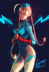Rule 34 | 1girl, ahoge, artist name, blonde hair, blue eyes, blue leotard, bodypaint, braid, breasts, cammy white, character name, clenched hands, fingerless gloves, garrison cap, gloves, hat, highleg, highleg leotard, highres, huge ahoge, kodama creative, leotard, long hair, medium breasts, necktie, red gloves, ribbed leotard, scar, serious, shoulder pads, solo, street fighter, street fighter zero (series), twin braids