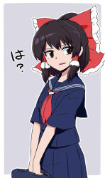 Rule 34 | 1girl, alternate costume, blue sailor collar, blue shirt, blue skirt, border, bow, briefcase, brown eyes, brown hair, frilled bow, frilled hair tubes, frills, hair tubes, hakurei reimu, holding, holding briefcase, neckerchief, open mouth, red bow, red neckerchief, sailor collar, school uniform, serafuku, shio (futatsumami), shirt, short sleeves, sidelocks, skirt, solo, touhou, translation request, upper body, white border