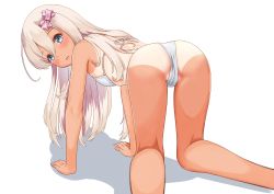 Rule 34 | 1girl, all fours, ass, bare arms, bare legs, bare shoulders, bikini, blonde hair, blue eyes, blush, hair between eyes, highres, kantai collection, long hair, open mouth, ro-500 (kancolle), shadow, simple background, solo, swimsuit, tan, tanline, white background, white bikini, zuki