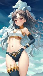 Rule 34 | 1girl, absurdres, armlet, bikini, black hair, black thighhighs, blue sky, bracelet, breasts, cleavage, detached sleeves, earrings, fate/grand order, fate (series), gold trim, hair ribbon, highres, hoop earrings, ishtar (fate), jewelry, long hair, looking at viewer, medium breasts, mismatched bikini, neck ring, parted bangs, pul (gks569), red eyes, ribbon, single detached sleeve, single thighhigh, sky, smile, solo, swimsuit, thighhighs, thighlet, thighs, tiara, two side up