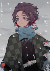 Rule 34 | 1boy, absurdres, belt, belt buckle, black jacket, brown hair, buckle, closed mouth, commentary, earrings, gakuran, haori, highres, jacket, japanese clothes, jewelry, kamado tanjirou, kimetsu no yaiba, male focus, outdoors, purple eyes, scar, scar on face, scar on forehead, school uniform, short hair, smile, snow, snowing, solo, symbol-only commentary, taowu (20809), upper body