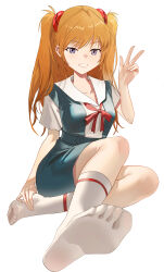 1girl absurdres barefoot blue_eyes feet grin highres long_hair looking_at_viewer neon_genesis_evangelion orange_hair see-through_clothes see-through_legwear smile socks soles souryuu_asuka_langley toes twintails v weeyi white_socks