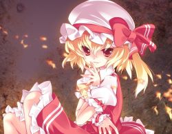 Rule 34 | 1girl, ascot, bad id, bad pixiv id, blonde hair, blush, chihiro4649, fang, female focus, fire, flandre scarlet, hat, hat ribbon, light smile, mob cap, no wings, open mouth, petticoat, puffy short sleeves, puffy sleeves, red eyes, red skirt, red vest, ribbon, shirt, short hair, short sleeves, side ponytail, sitting, skirt, solo, touhou, vest, white shirt, wrist cuffs