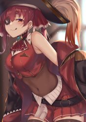 Rule 34 | 1girl, ascot, belt, black coat, blurry, blurry background, blush, breasts, brooch, brown eyes, brown thighhighs, coat, covered navel, crop top, epaulettes, eyepatch, hair between eyes, hat, highres, hololive, houshou marine, jacket, jewelry, large breasts, leotard, leotard under clothes, long hair, looking at viewer, open clothes, open coat, pirate hat, red ascot, red hair, red skirt, see-through, see-through leotard, skirt, sleeveless, solo, thighhighs, tongue, tongue out, twintails, virtual youtuber, yamikyon