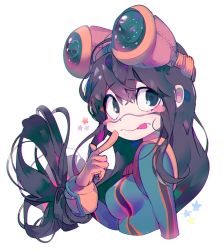 Rule 34 | 10s, 1girl, :p, asui tsuyu, black hair, blush, bodysuit, boku no hero academia, breasts, chromatic aberration, eyebrows, eyelashes, finger to mouth, gloves, goggles, goggles on head, hair between eyes, long hair, low-tied long hair, solo, tongue, tongue out, very long hair, vivinos