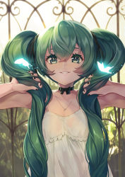 Rule 34 | 1girl, absurdres, backlighting, black nails, choker, green eyes, green hair, grin, hair between eyes, ruffling hair, hatsune miku, highres, jewelry, long hair, nail polish, necklace, outdoors, pondel, smile, solo, twintails, upper body, very long hair, vocaloid