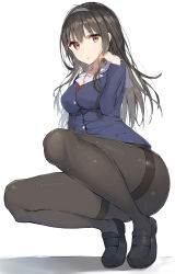 Rule 34 | 1girl, black hair, black pantyhose, breasts, closed mouth, commentary request, hairband, highres, kasumigaoka utaha, legs, loafers, long hair, long sleeves, looking at viewer, medium breasts, pantyhose, red eyes, revision, rikoma, saenai heroine no sodatekata, school uniform, shoes, simple background, solo, squatting, thighband pantyhose, thighs, tiptoes