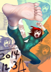 Rule 34 | 1girl, barefoot, bodysuit, feet, fighting stance, foot focus, highres, kicking, open mouth, original, red eyes, red hair, skin tight, soles, solo, soon (c-u-soon), toes, zoom layer