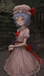 Rule 34 | 1girl, absurdres, black wings, blurry, blurry background, dholewolf, dress, fangs, feet out of frame, hat, highres, looking at viewer, medium hair, mob cap, pink dress, pink hat, purple hair, red eyes, red ribbon, remilia scarlet, ribbon, short sleeves, solo, touhou, wings