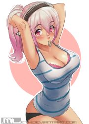 Rule 34 | 1girl, adjusting hair, armpits, arms behind head, arms up, black panties, blush, bra, breasts, cleavage, headphones, lace, lace-trimmed bra, lace trim, large breasts, looking at viewer, mleth, mouth hold, nitroplus, no pants, panties, pink bra, pink eyes, pink hair, ponytail, solo, super sonico, underwear