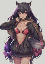 Rule 34 | 1girl, alternate costume, animal ears, black hair, black sweater, blush, bra, breasts, brown jacket, carrying bag, cat ears, cat girl, cat tail, choker, cleavage, collarbone, commentary request, cowboy shot, food, food in mouth, hair between eyes, hair ribbon, jacket, jacket on shoulders, long hair, looking at viewer, medium breasts, navel, neptune (series), noire (neptunia), parfaitlate, partially unzipped, paw ornament, pocky, red eyes, ribbon, simple background, smile, solo, striped bra, striped clothes, sweater, tail, twintails, underwear, vertical-striped bra, vertical-striped clothes, very long hair