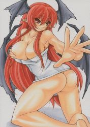 Rule 34 | 1girl, armpits, ass, bare shoulders, breasts, cleavage, collarbone, covering privates, covering breasts, curvy, demon wings, female focus, head wings, koakuma, large breasts, long hair, marker (medium), pointy ears, red eyes, red hair, simple background, smile, solo, touhou, traditional media, very long hair, white background, wings, yutakasan-love