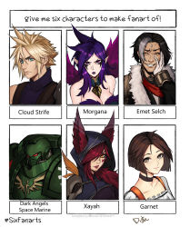 Rule 34 | 3boys, 3girls, absurdres, adeptus astartes, armor, black choker, blonde hair, blue eyes, bob cut, breasts, brown hair, character name, choker, cleavage, closed mouth, cloud strife, dark angels, distr, ears through headwear, emet-selch, final fantasy, final fantasy ix, final fantasy vii, final fantasy xiv, forehead jewel, full armor, garnet til alexandros xvii, gloves, grin, hand on own cheek, hand on own face, highres, league of legends, looking at viewer, makeup, morgana (league of legends), multicolored hair, multiple boys, multiple drawing challenge, multiple girls, parted lips, pink eyes, pointy ears, purple hair, purple shirt, red hair, shirt, short hair, six fanarts challenge, smile, space marine, streaked hair, white gloves, xayah, yellow eyes
