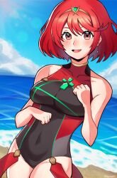 Rule 34 | 1girl, absurdres, beach, bonoshii, breasts, brenguyeno, highres, medium breasts, one-piece swimsuit, open mouth, pyra (pro swimmer) (xenoblade), pyra (xenoblade), red eyes, red hair, solo, swimsuit, thighs, water, xenoblade chronicles (series), xenoblade chronicles 2