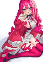 Rule 34 | 1girl, absurdres, baobhan sith (fate), blush, boots, breasts, cherry, cupcake, curly hair, detached sleeves, dress, fate/grand order, fate (series), food, frilled dress, frills, fruit, high heels, highres, katashiro, long hair, medium breasts, pointy ears, red dress, red footwear, red hair, red skirt, sitting, skirt, thigh boots
