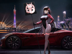 Rule 34 | 1girl, absurdres, alternate costume, azur lane, byd (brand), byd e-seed, canton tower, car, cityscape, dragon empery (emblem), eyeliner, guangzhou, hand on own hip, highleg, highleg leotard, highres, holding, holding sign, kcar66t, leotard, looking at viewer, motor vehicle, night, race queen, real world location, red eyeliner, sign, sky, sports car, star (sky), starry sky, thigh strap, yat sen (azur lane)