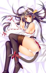 Rule 34 | 10s, 1girl, animal ears, bad id, bad pixiv id, baltika, bare shoulders, black hair, boots, breasts, cat ears, cat tail, detached sleeves, frilled skirt, frills, hair ornament, hairband, hairclip, haruna (kancolle), high heel boots, high heels, japanese clothes, kantai collection, long hair, lying, nontraditional miko, open mouth, panties, ribbon, ribbon-trimmed sleeves, ribbon trim, sideboob, skirt, tail, tail ornament, tail ribbon, thigh boots, thighhighs, underwear, white panties