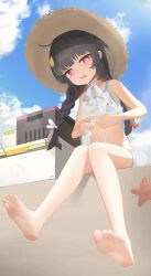 Rule 34 | 1girl, absurdres, barefoot, bikini, black hair, blue archive, blue sky, braid, brown hair, cloud, commentary, day, feet, flat chest, fuenyuan, hat, highres, leaf, leaf on head, leaf print, looking at viewer, miyu (blue archive), miyu (swimsuit) (blue archive), navel, official alternate costume, outdoors, print bikini, red eyes, sitting, sky, soles, solo, straw hat, swimsuit, toes, twin braids, white bikini