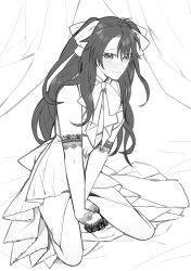 Rule 34 | 1boy, black hair, blush, crossdressing, dress, fate/grand order, fate (series), fujimaru ritsuka (male), gloves, greyscale, hair ribbon, highres, lace, lace gloves, looking at viewer, monochrome, ribbon, taiko (amefrogs), tearing up, twintails